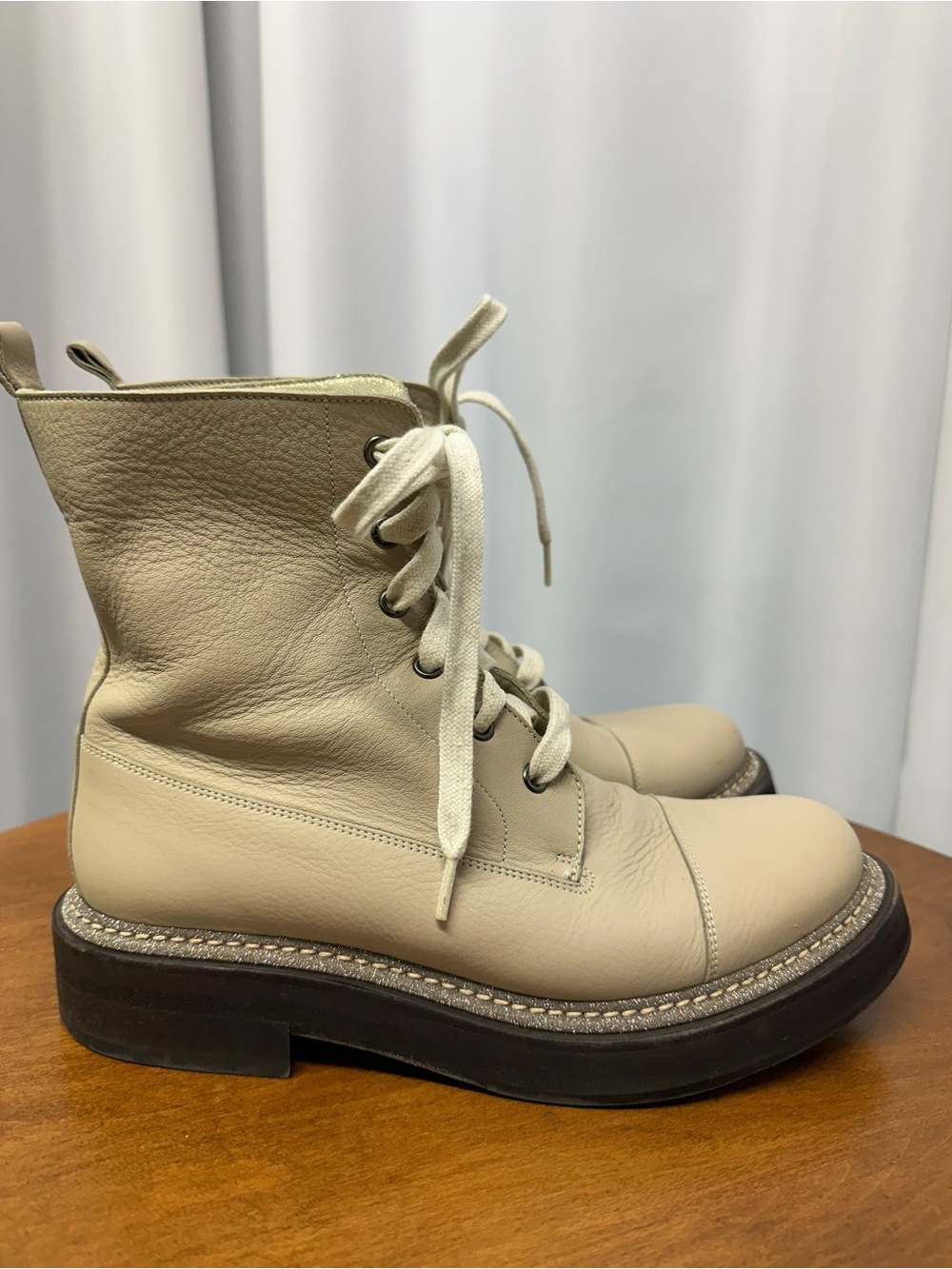 Brunello Cucinelli Beige ivory Leather Lace-Up Combat Boots size 38
